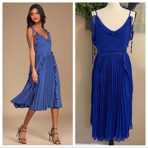 NWOT Lulus Never a Dull Moment Royal Blue Tie-Strap Pleated Midi Dress